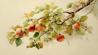 Watercolor painting of apple tree branch with ripe red fruits and green leaves on beige background, botanical art style.
