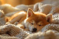 Adorable sleeping Shiba Inu puppy wrapped in cozy knitted blanket captured in warm golden sunlight, perfect for pet care, veterinary services or lifestyle blogs about dogs.