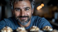 Middle-aged man with salt-and-pepper beard and gray hair wearing blue shirt, smiling at camera in indoor setting with warm bokeh lights in background. Portrait for business, lifestyle, and professional use.