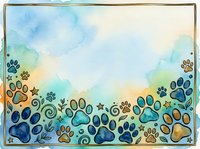 Watercolor illustration of colorful paw prints in blue, orange, and gold tones with decorative swirls and stars on soft gradient background. Suitable for pet-related designs, greeting cards, and animal-themed projects.