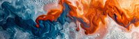 Abstract fluid art panorama with vibrant orange and blue paint swirls creating dynamic motion effect against white background, modern luxury wall decor design.