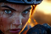 Close-up of determined female cyclist with intense blue eyes and mud-splattered face wearing helmet during extreme mountain biking at sunset.