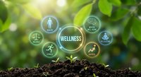 Wellness concept with green sprout growing from soil and holistic health icons on natural blurred background with sunlight rays filtering through leaves.