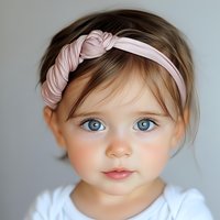 Sweet toddler girl with bright blue eyes wearing pink knotted headband and white shirt against soft gray background, natural light portrait capturing innocent expression.