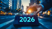 Futuristic financial concept showing glowing 2026 number with stock market graph hologram over digital tablet in urban environment with bokeh lights.