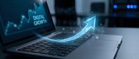 Modern laptop with glowing blue arrow emerging from screen showing digital growth concept for business technology and online success strategies.