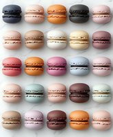 Colorful French macarons arranged in neat rows on white background, featuring pastel and vibrant shades of pink, orange, black, blue and brown. Sweet meringue cookies pattern.