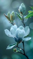 Delicate white magnolia flowers with water drops on petals against soft teal background, creating dreamy spring atmosphere with bokeh effect.