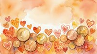 Watercolor coffee cups with steam and floating hearts on warm orange background. Romantic cafe concept for Valentine's Day, love themes, restaurant decor.
