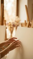 Artist hands painting on canvas in warm sunlit studio with easel and art supplies creating artwork in creative workspace for artistic expression and hobby.