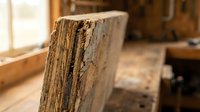 Weathered wooden beam with natural grain texture in rustic carpentry workshop setting for construction and woodworking projects.