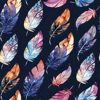 Watercolor feathers in cosmic colors on dark background create seamless pattern. Mystical galaxy-inspired plumes with stars and nebula effects float diagonally.