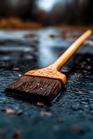 Wet paintbrush with wooden handle and natural bristles on dark surface with water drops, macro photography in moody lighting and shallow depth of field.
