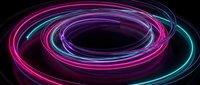 Glowing neon spiral tunnel with magenta and cyan light trails on dark background, suitable for tech and digital design projects.