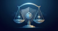 Digital scales of justice with cybersecurity shield and circuit patterns representing legal technology balance and data protection compliance.