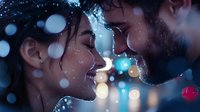 Young couple sharing intimate moment in rain with colorful bokeh lights creating romantic atmosphere for Valentine's Day or love concepts.