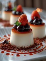 Elegant panna cotta dessert topped with fresh strawberries, dark cherries and mint garnish on white plate, decorated with chocolate crumbs and caramel sauce drizzle.