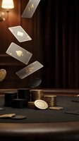 Playing cards with aces falling through air above poker chips on dark casino table with warm atmospheric lighting for gambling entertainment concepts.