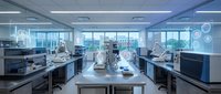 Modern laboratory interior with advanced equipment and workstations for scientific research and medical testing in sterile environment.