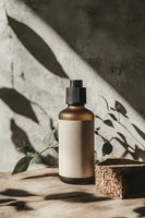 Minimalist bronze cosmetic bottle with black cap on natural wooden surface, decorated with green leaves and dramatic shadow play. Suitable for beauty product mockup.