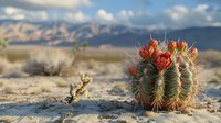 Barrel cactus with bright red crown blooms in desert landscape, mountains in background, dramatic lighting and shallow depth of field creates moody atmosphere.