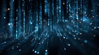 Digital blue matrix code falling on dark background with glowing light effects and data streams representing cybersecurity and technology concept.