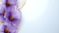 Delicate purple flowers with golden stamens arranged on soft white background with gentle watercolor effect. Elegant floral composition for wedding stationery.