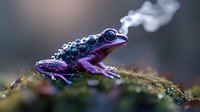 Vibrant purple and blue poison dart frog sitting on mossy ground with ethereal smoke rising, creating mystical forest atmosphere in macro photography composition.