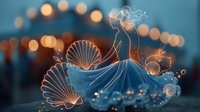 Ethereal silhouette of woman in flowing gown adorned with seashells and pearls against blurred bokeh lights background, creating magical seaside fantasy atmosphere.