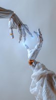 Robotic hands reaching towards each other with glowing energy between fingertips against light background, draped in flowing white fabric. Modern technological concept.