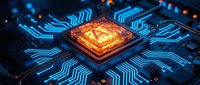 Glowing AI processor chip with neural network circuits on dark blue circuit board background showcasing artificial intelligence and machine learning technology.