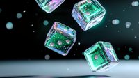 Glowing ice cubes with trapped bubbles floating in dark space, illuminated by turquoise and purple lights creating magical atmosphere for beverage photography.