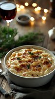 Creamy mashed potatoes garnished with herbs and browned butter in white ceramic bowl, served with red wine and festive holiday lights in background.