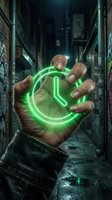 Hand holding glowing green neon clock symbol in dark urban alley at night. Male hand displaying time management, deadline, or punctuality concept for business and technology designs.