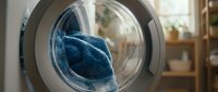 Modern washing machine with blue towels spinning inside drum during laundry cycle in bright home interior for household cleaning concepts.