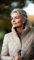 Mature woman with silver hair wearing beige quilted jacket outdoors, smiling confidently while looking away, representing active lifestyle and aging gracefully.