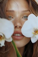 Close-up portrait of young Caucasian woman with freckles and green eyes behind white orchid flowers, natural beauty and skincare concept for wellness advertising.