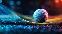 Golf ball on dynamic colorful wave surface with glowing neon lights and bokeh effects against dark background, modern sports concept for design projects.