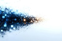 Abstract digital particles and squares dispersing from left to right on white background, glowing blue and orange light effects create dynamic technology concept.