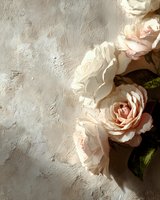 Delicate cream roses against textured beige plaster wall, creating soft contrast with natural sunlight casting gentle shadows.