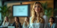 Young Caucasian businesswoman with long blonde wavy hair and confident smile leading presentation in modern office meeting room with diverse team in background.