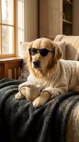 Golden retriever dog wearing sunglasses and sweater relaxing on cozy sofa with coffee mug in warm living room interior for lifestyle and humor concepts.