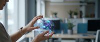 Professional woman holding glowing digital globe with network connections in modern office environment showcasing global business technology and connectivity.