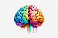 Colorful brain illustration with rainbow gradient and dripping paint effect on white background, representing creativity, innovation and cognitive function.