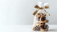 Chocolate chip cookies stacked in clear gift bag with rustic burlap bow against light gray background, minimalist food photography styling.