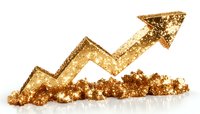 Golden glittery upward arrow chart showing growth trend with sparkly dust effect on white background, isolated financial success symbol for business designs.