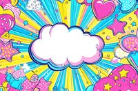 Pop art comic burst background with cloud speech bubble, stars, hearts in vibrant pink, yellow and blue for banners and posters.