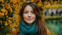 Young Caucasian woman with long brown hair wearing teal knitted scarf smiling outdoors in autumn park with golden yellow flowers blooming in background.