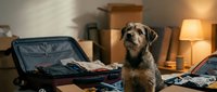Terrier dog sitting beside open suitcase with clothes during packing, moving house or travel preparation in warm home interior.