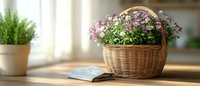 Woven basket with blooming pink flowers on wooden table near window, blue checkered napkin, and green plant in white pot creating cozy home atmosphere.